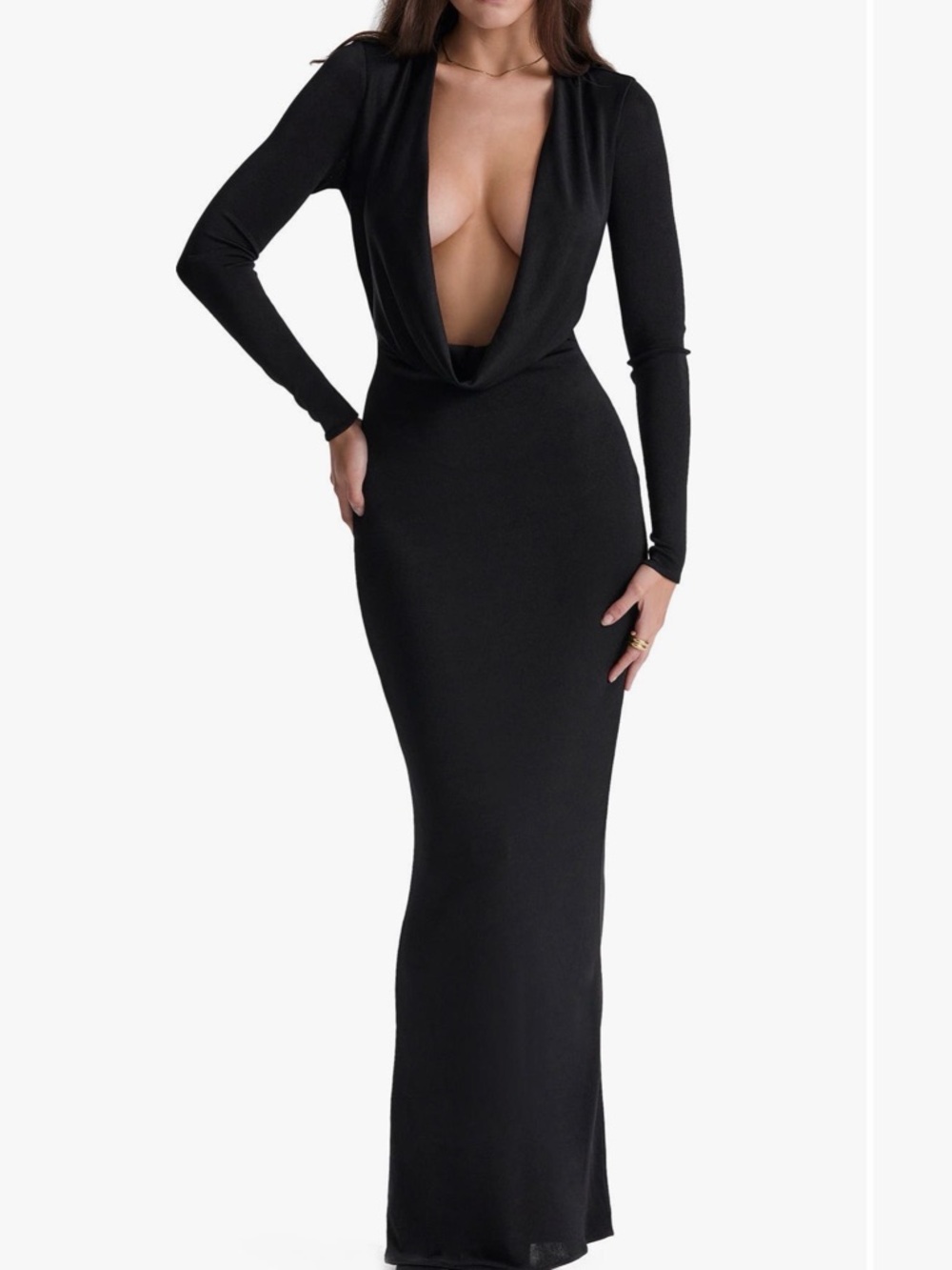 Long Sleeve Deep V Black Maxi Dress